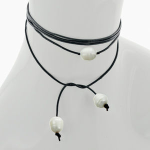 Black Leather & White Fresh Water Pearl / Lead Com